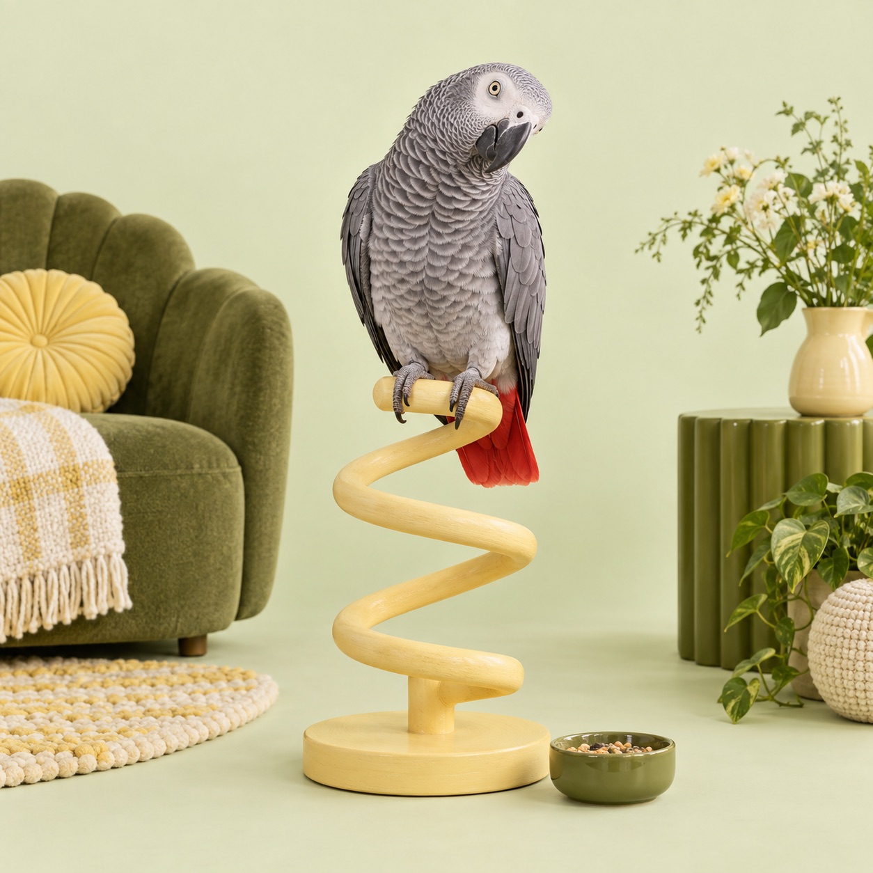 Campaign artwork of an African Grey on a yellow spiral perch