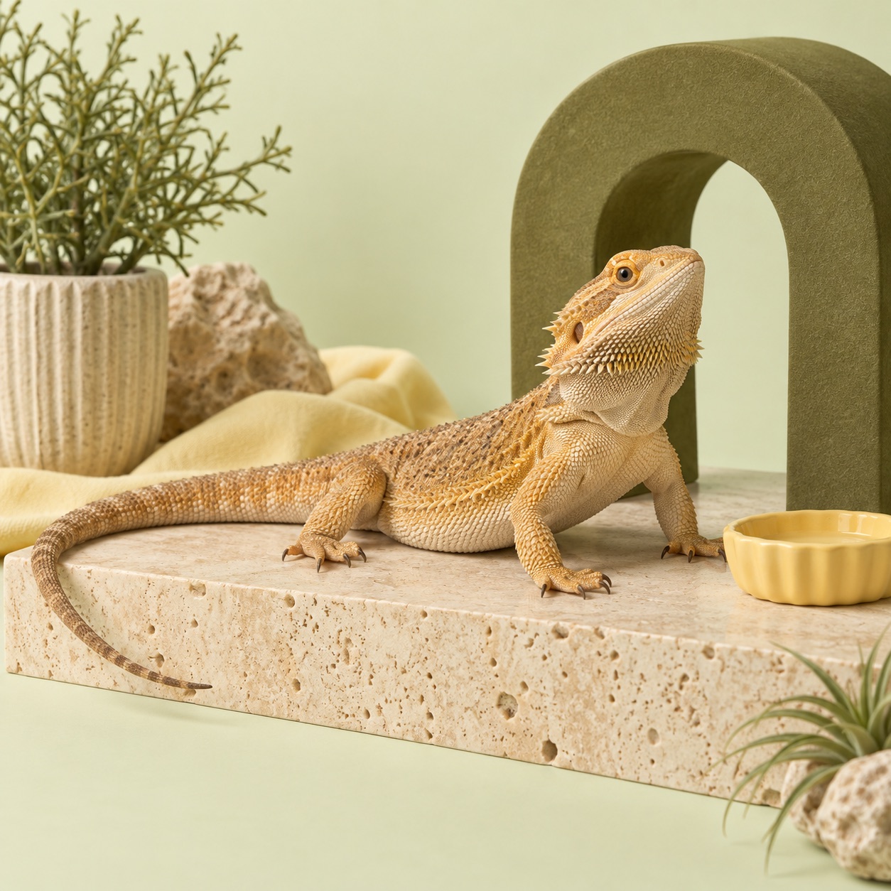 Campaign artwork of a bearded dragon on a warm stone perch
