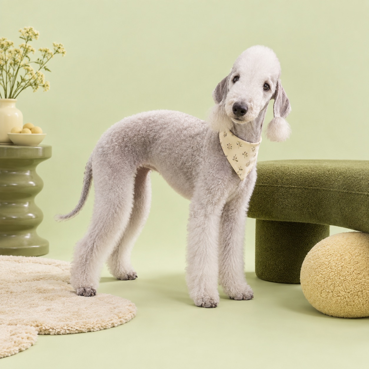 Campaign artwork of a Bedlington Terrier beside an olive bench