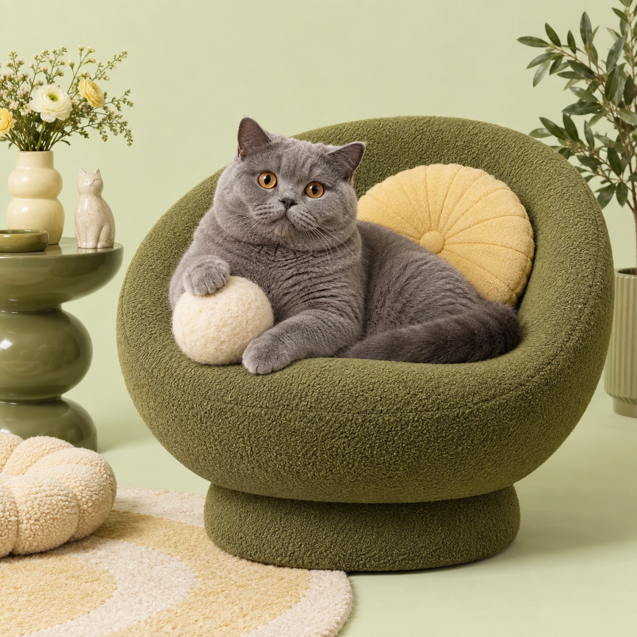 Campaign artwork of a British Shorthair in an olive chair