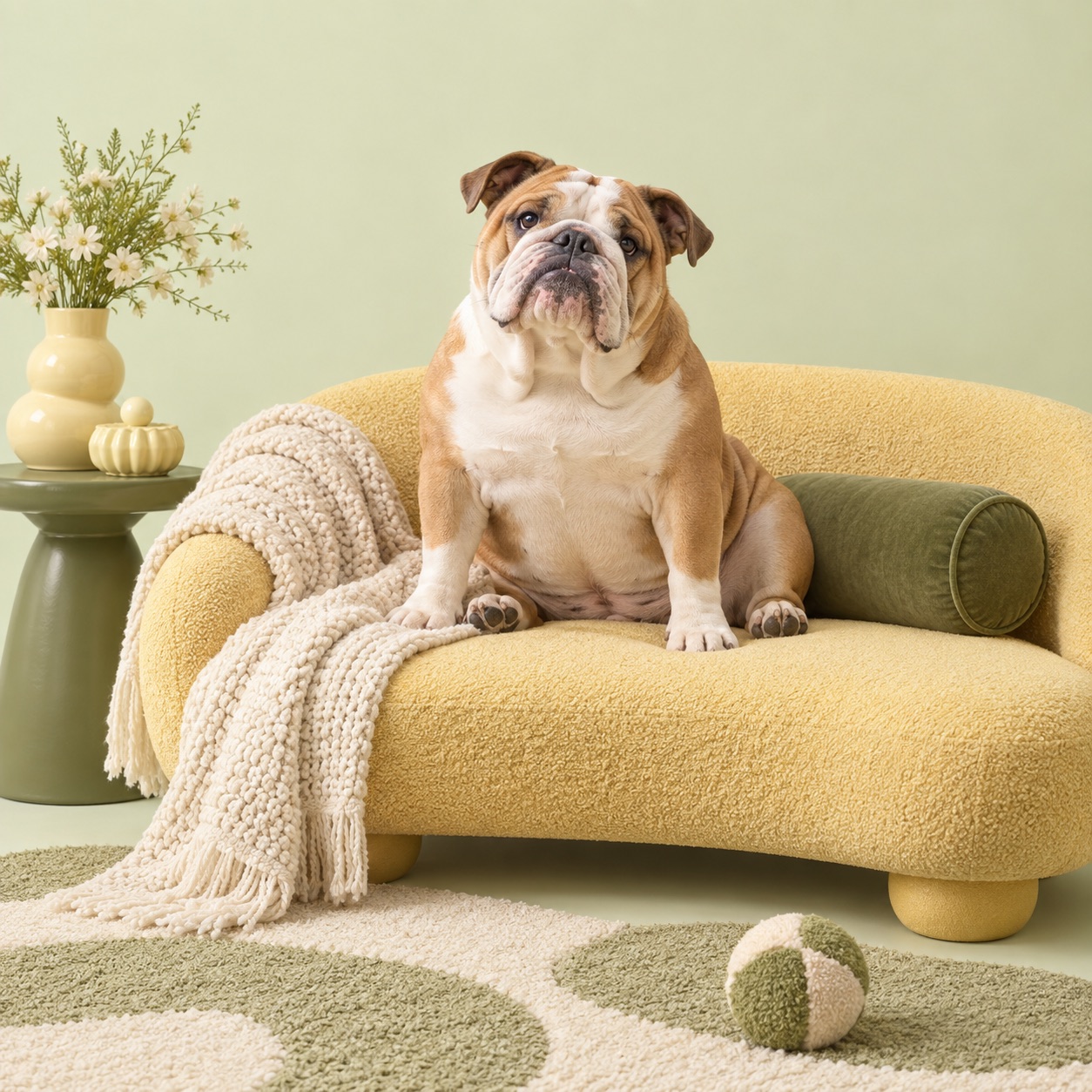Playful campaign artwork of a Bulldog relaxing on a yellow sofa