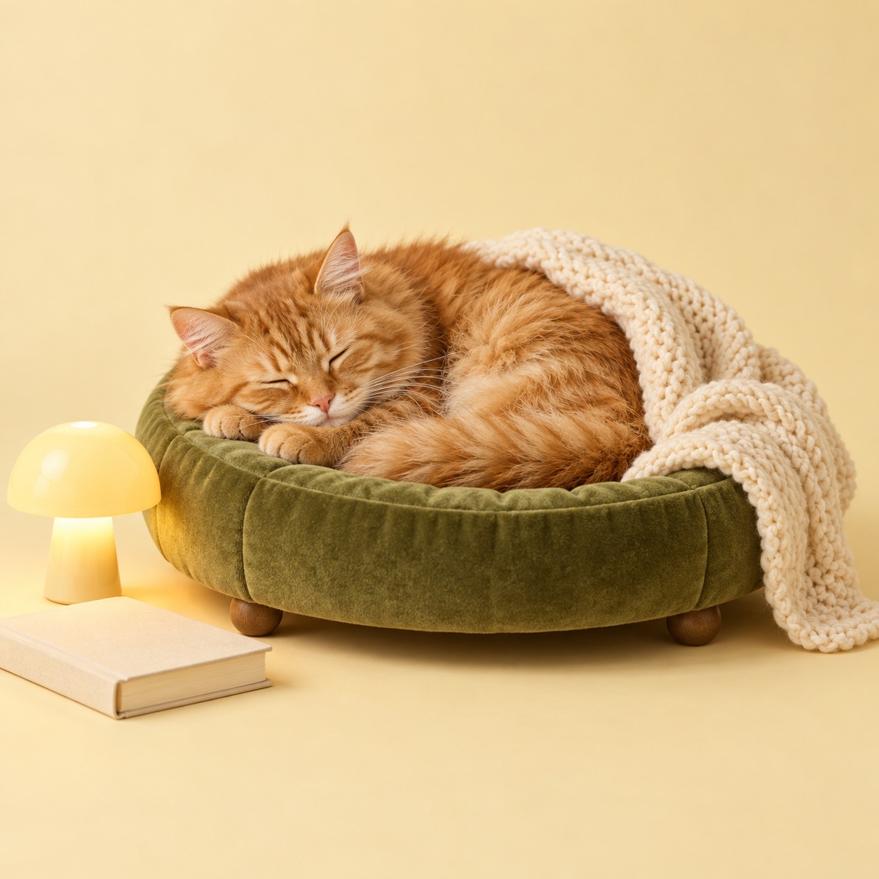 Campaign artwork of a sleeping tabby beside a tiny bedside lamp