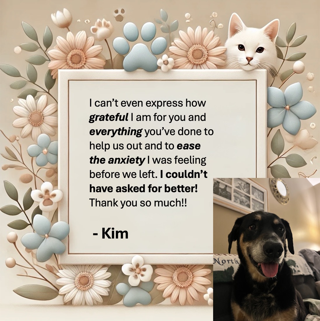 Client note from Kim thanking Sara for easing travel anxiety
