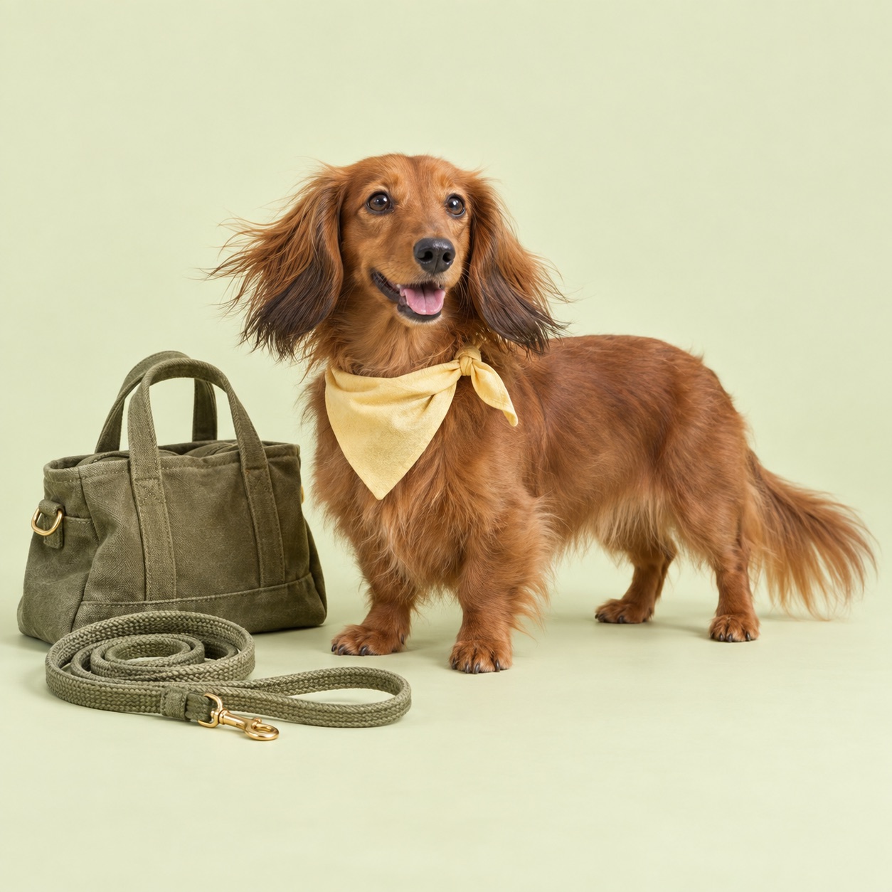 Campaign artwork of a dachshund with a walking bag and leash