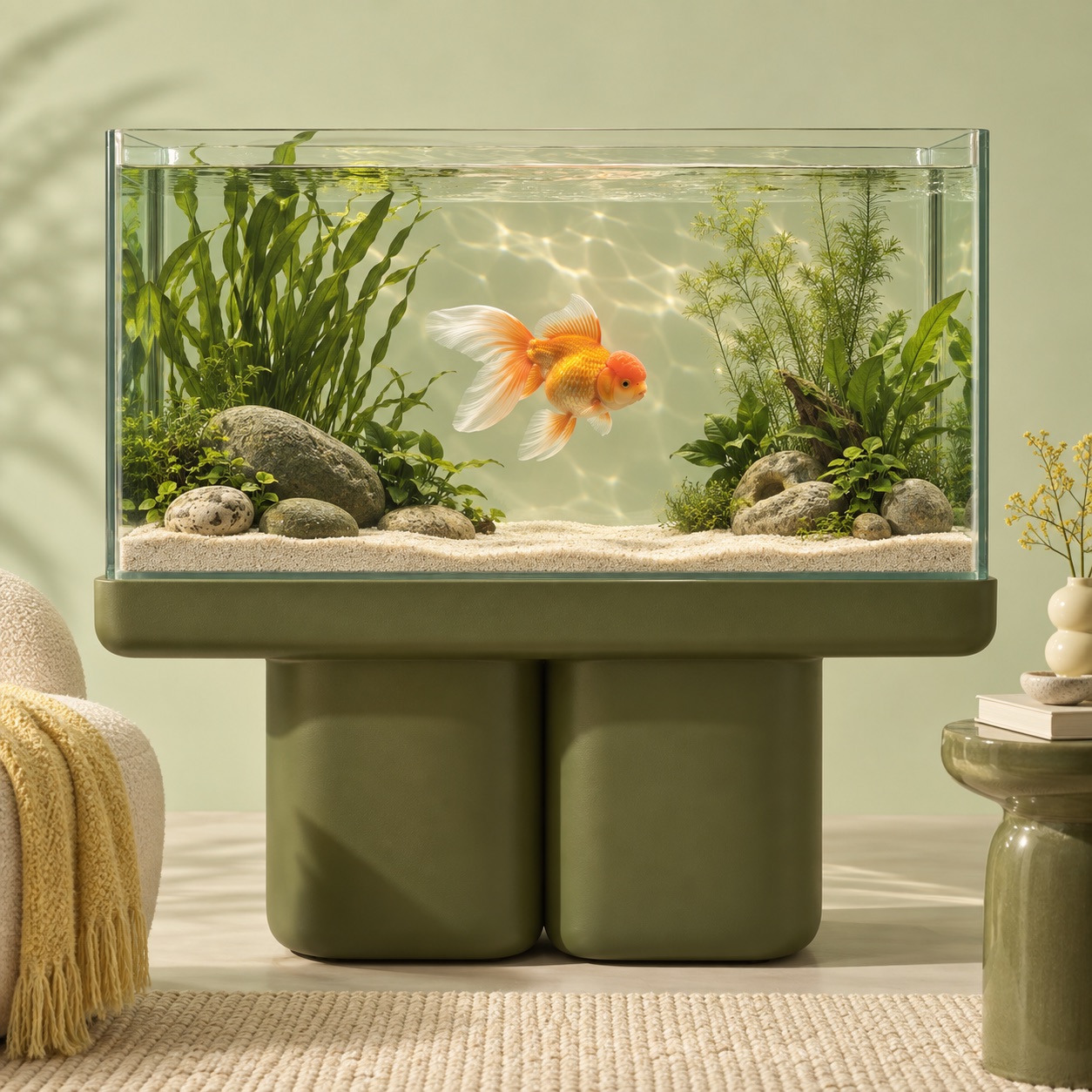 Campaign artwork of a goldfish in a planted aquarium