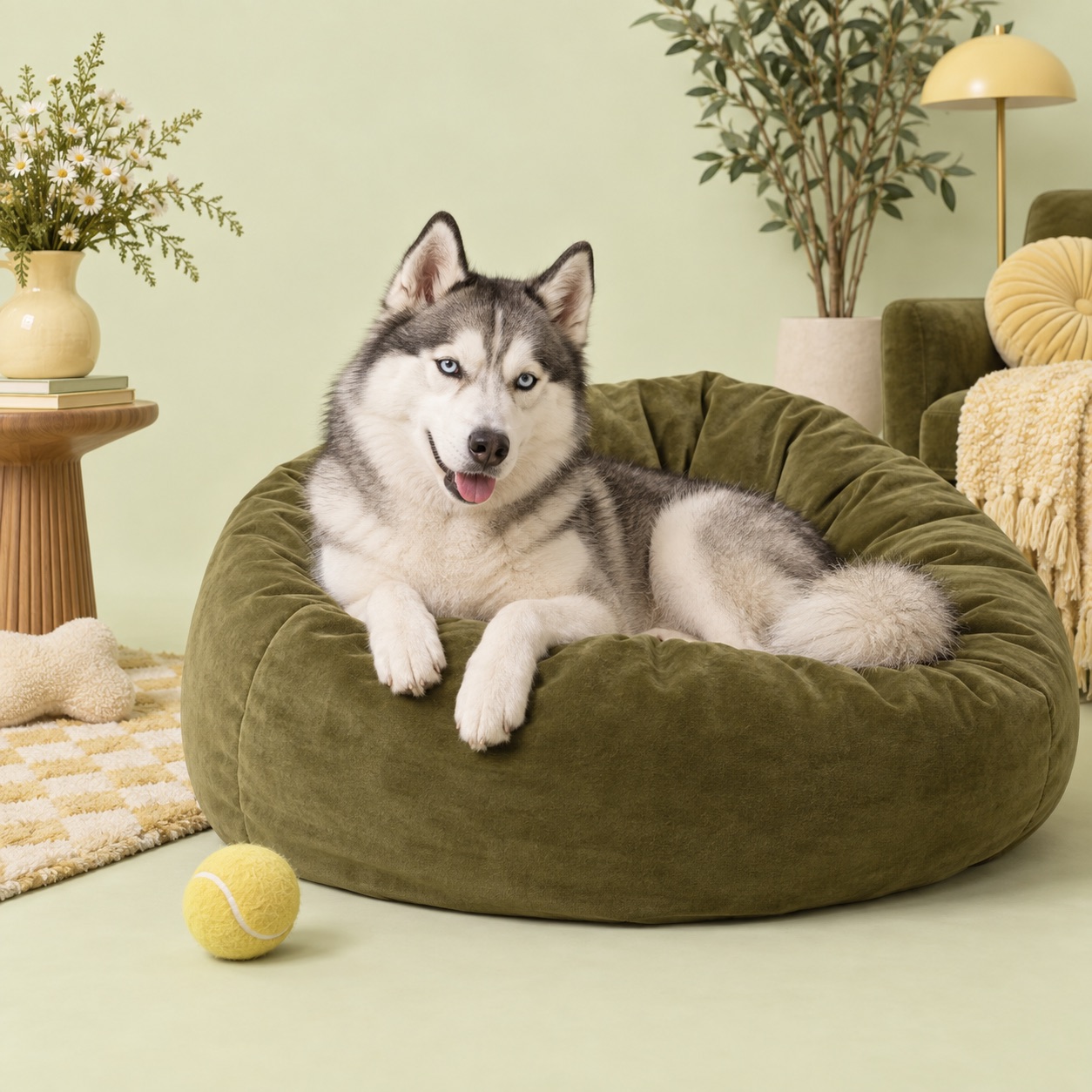 Campaign artwork of a Siberian Husky on an olive beanbag