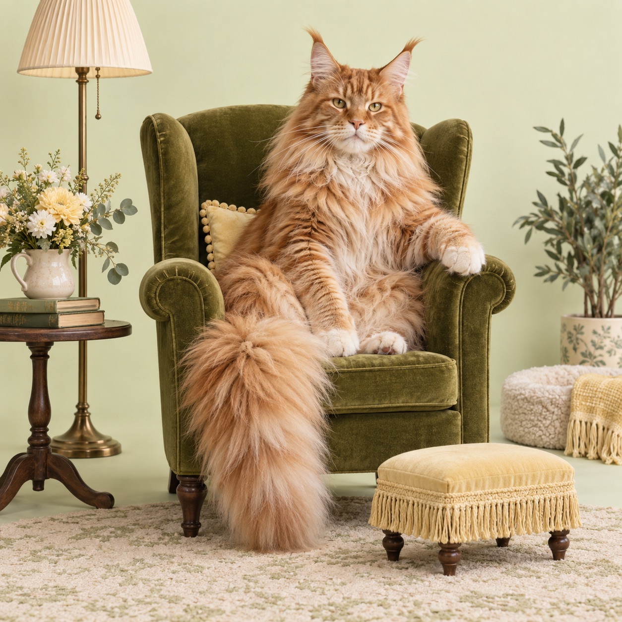 Playful campaign artwork of an orange Maine Coon relaxing in an olive armchair