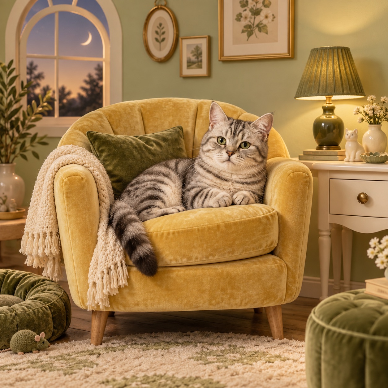 Campaign artwork of a tabby resting in a softly lit room