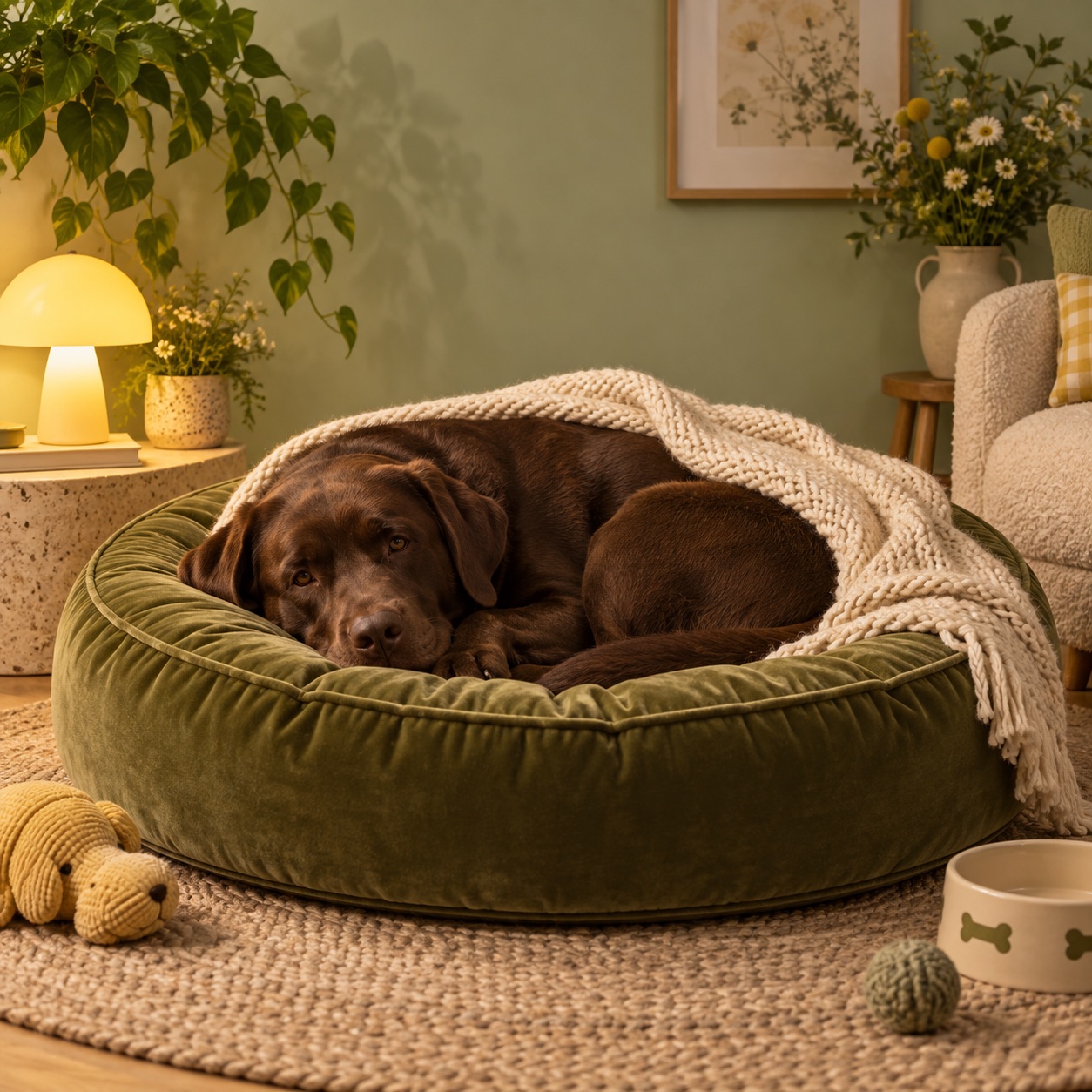 Campaign artwork of a Labrador settled in for the night