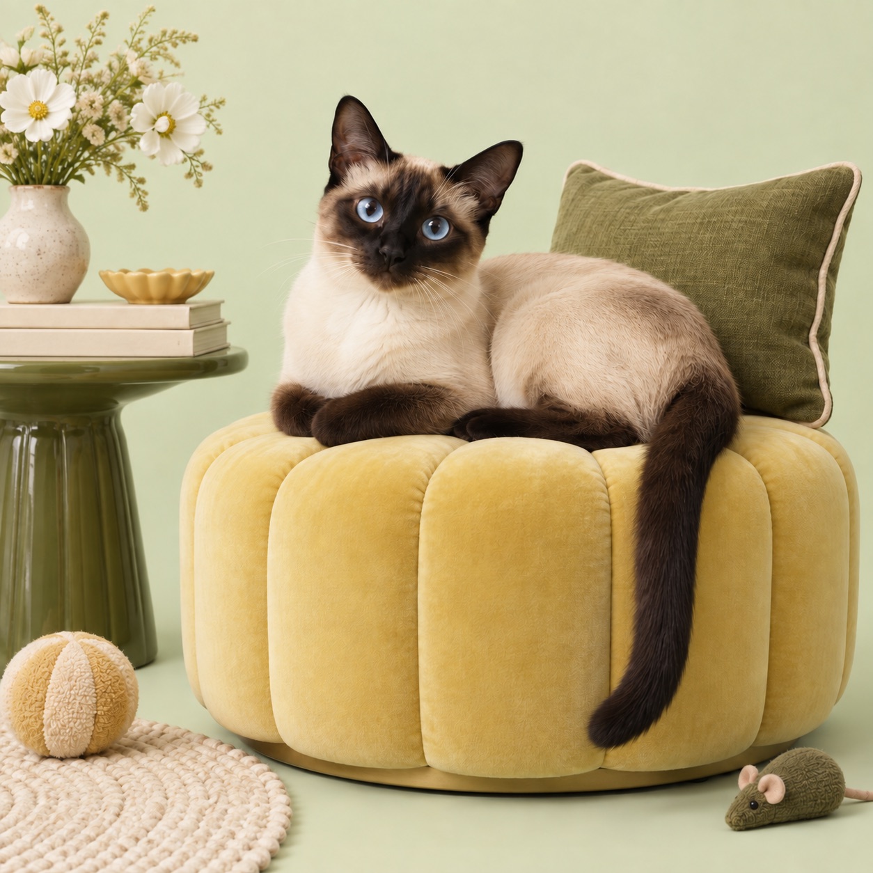 Campaign artwork of a Siamese cat on a yellow ottoman